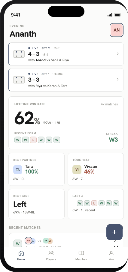 Home screen with 62% lifetime win rate and W3 streak