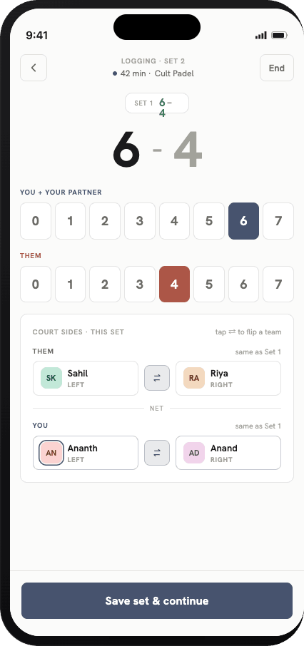 Set logging screen with tap-to-enter score buttons