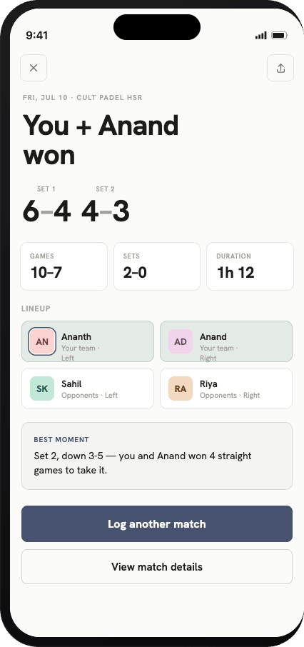 Match recap screen showing partner lineup and result